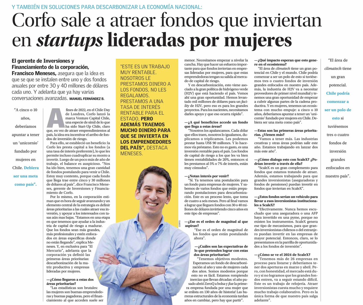 Venture Capital Chile busca atraer fondos de Capital de Riesgo extranjeros para invertir en Chile, potenciando proyectos liderados por mujeres y por la descarbonización de la matriz productiva. Revisa la entrevista a nuestro Gte. <a href="/fjmenese/">Francisco Meneses</a> 👉 tinyurl.com/38y9eah4