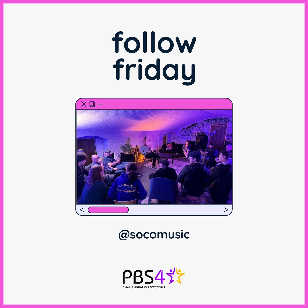 pbs4_'s tweet photo. This #FollowFriday we want to give a shout-out to
@socomusic🎵
They're a Southampton-based organisation who put on #music-making programmes for people with learning disabilities✨
Make sure to check out their page!
#follow #like #Neurodisability #autism #learningdisabilities https://t.co/X0UbDTeMkX