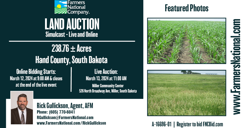 FarmersNational's tweet photo. Upcoming Simulcast Auction!

238.76 acres in Hand County, South Dakota.