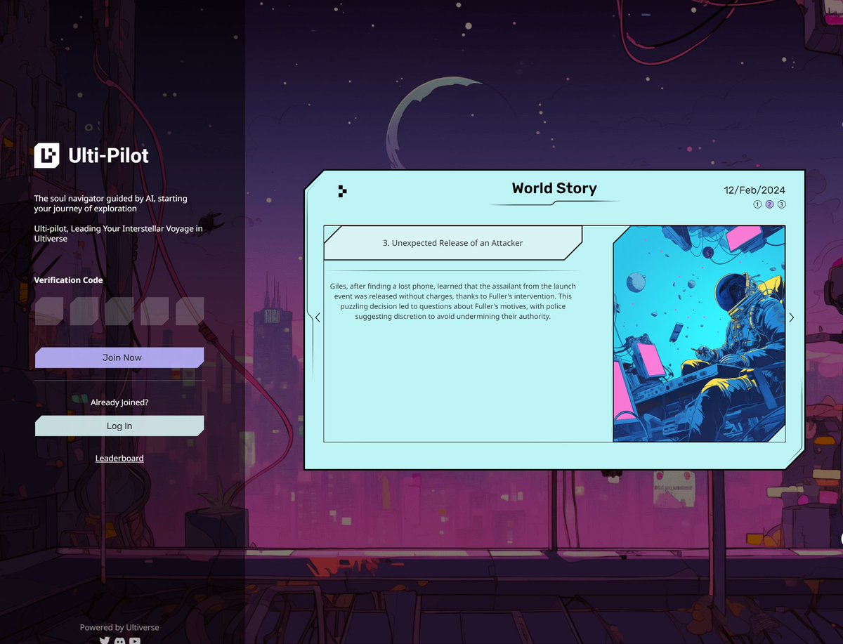 UltiverseDAO's tweet photo. Ulti-Pilot (Lite) is launching in 4 days! 

It will only take you 15 seconds per day to participate and gain access to the massive airdrop rewards of 3B SOUL (equivalent to 30M $ULTC). 👇

A Comprehensive Guide to Ulti-Pilot 📌

Ulti-Pilot is envisioned to be the immersive gateway to the diverse gaming experiences within Ultiverse, all powered by the advanced AI technology of the Bodhi Protocol.

On February 19th, we are launching the lite version of Ulti-Pilot, providing early access to users with a Pilot code or access code to experience firsthand the future of AI and gaming. 🤖 x 🎮

Explore 🔍

Users will get to explore different Micro World scenes in Ulti-Pilot, earning random rewards including:
• Pilot Points (a determining factor for the allocation of SOUL later)
• SOUL
• Achievements
• Other ecosystem assets

Each Micro World scene can be explored once per day. Terminus, being the Genesis World, is free to explore; however, you will need to consume some SOUL to explore the other Micro Worlds.

A daily exploration report will be generated on your 'Calendar' the next day, along with the rewards you obtained from the explorations. To appreciate your early support, there will be a rewards booster in the first week! 

Mission 💫

You can earn starting SOUL by completing missions synchronized from Mission Runner, Ultiverse’s questing platform.

For more information regarding our 1B-U2DM campaign on Mission Runner (1B SOUL allocation), check https://t.co/doGvBqXn2u.

Invitation 🤝

You'll receive extra Pilot Points from the daily explorations of those you've invited. 

If A invites B, and B invites C:
• When B explores, A gets 16% of B's points.
• When C explores, B gets 16% of C's points, and A gets 8% of C's points.

Anyone with a Pilot Code has 5 access codes, each for inviting one additional participant. Players entering with an access code can't invite others during their first week.

After the initial week, you can advance through levels and unlock additional access codes based on your Pilot Points. 

As your point level increases, your chances of obtaining achievements and ecosystem assets from your daily explorations also increase.

Pilot Codes will be claimable soon if you've won one from our collab partners. 

Thanks for reading and see you soon in Ulti-Pilot! 🚀