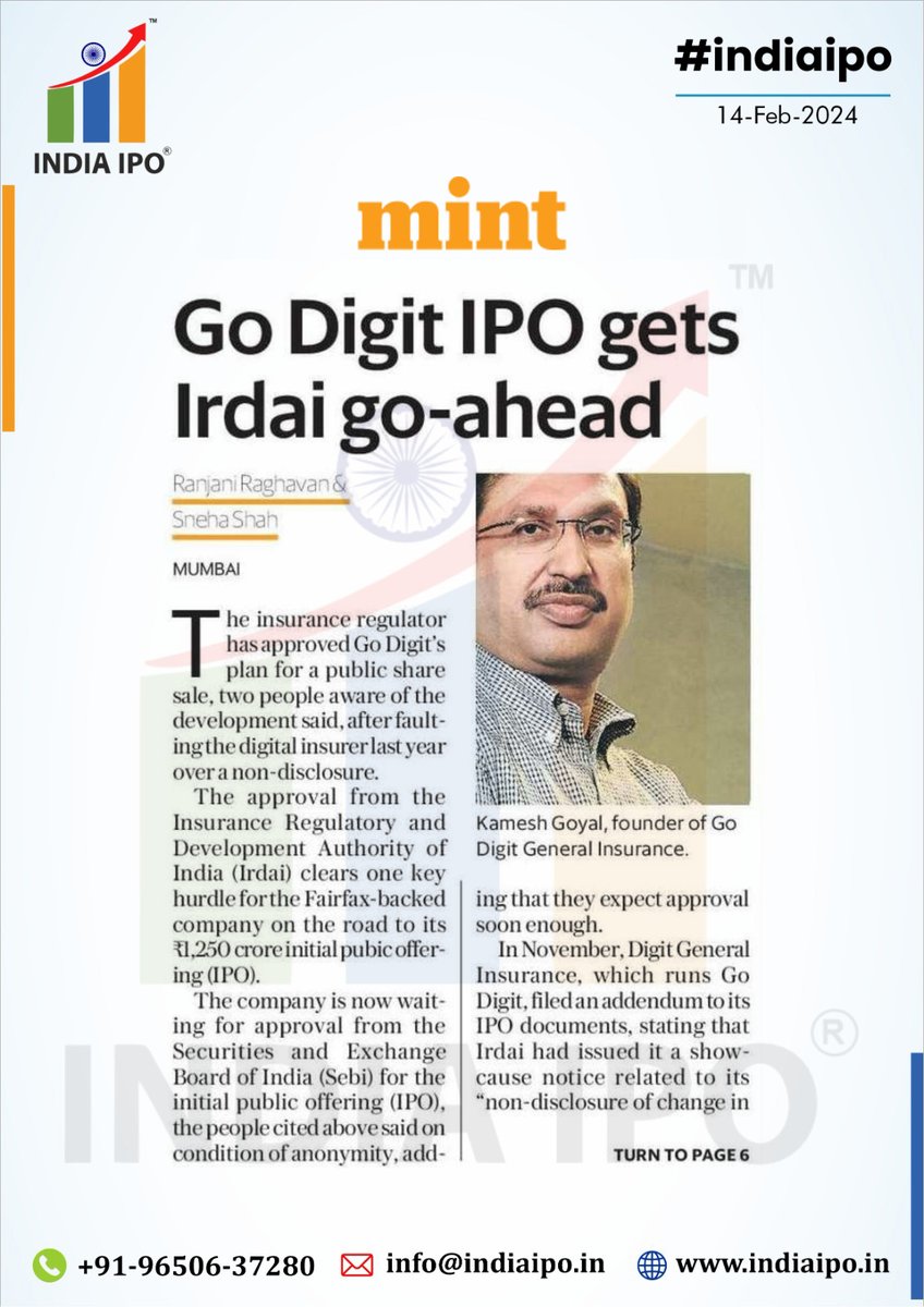 india_ipo1's tweet image. Digitizing Dreams: 🚀📰 

Financial Express, 14-Feb-2024 reveals the green light from IRDAI for Go Digit IPO! 🌐✅

Stay in the know with IndiaIPO for key updates on market breakthroughs and investment opportunities. 💡📊 

#indiaipo #GoDigitIPO #financialexpress  #IRDAI