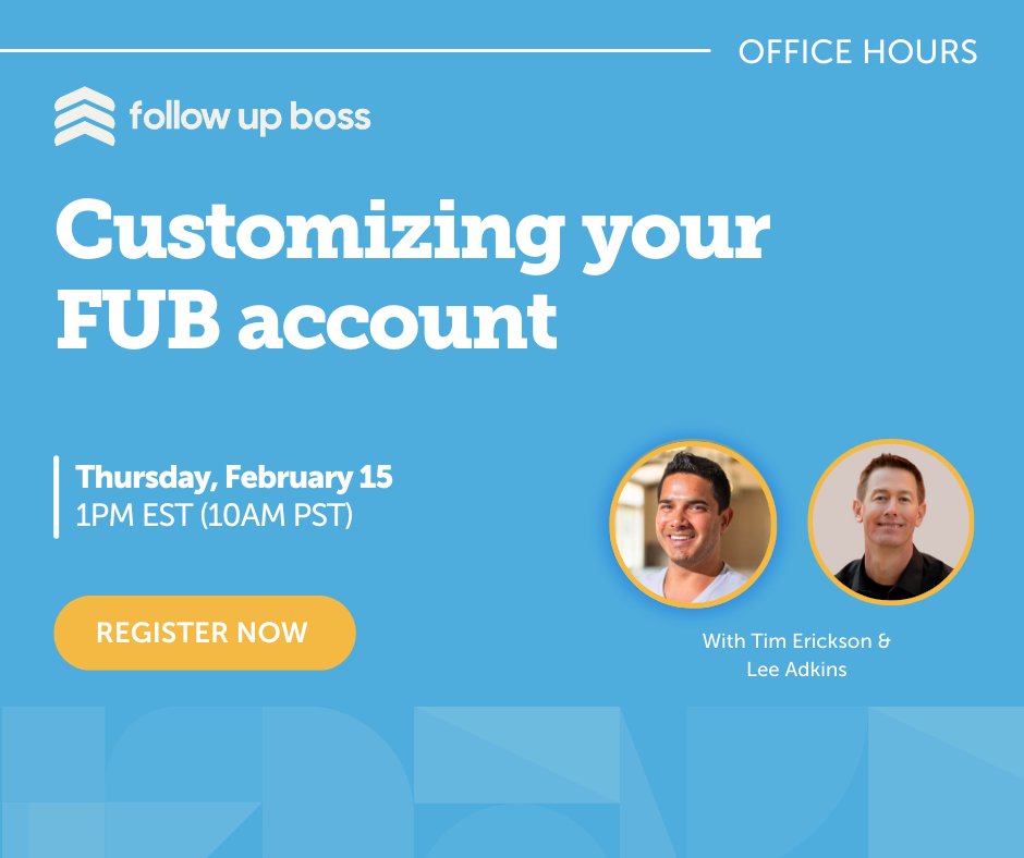 🚨 TODAY!! Follow Up Boss Office Hours! Use this link to register to watch live or get the recording sent right to your inbox! followupboss.zoom.us/webinar/regist… 
#realestate #followupboss