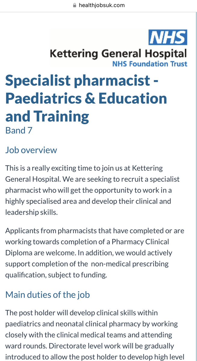 EmmaCramp's tweet photo. A rare opportunity to specialise in paediatrics and gain valuable skills in E&amp;T. There are many opportunities to complete IP or ACP courses if interested. The post closes on 13th March. Take a look 👀 and get in touch if you have any questions. #pharmacist #job #NHS https://t.co/Y51Tg2j1m2