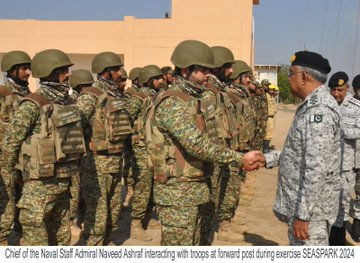 Admiral Naveed Ashraf,Chief of the Naval Staff(CNS) visited Naval Ships at sea creeks areas on the coastal belt of #Sindh and coastal areas of #Balochistan to oversee the conduct of Exercise Seaspark 2024 and meet the deployed troops in the exercise 
 #ISPR #PakNavy #Pakistan