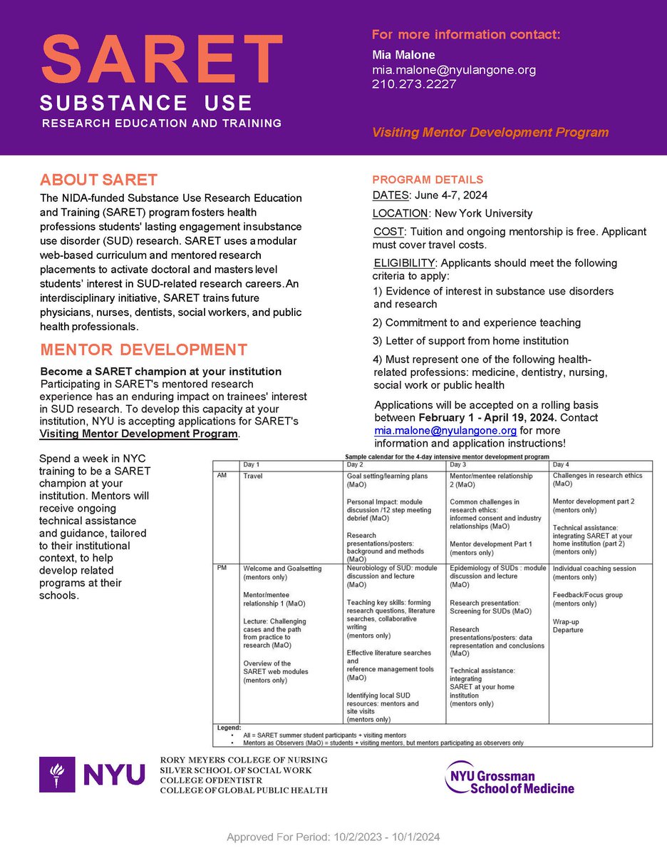 The Substance use Research Education and Training (SARET) Program SARET's Visiting Mentor Development Program applications are now open through Apr 19, 2024. Contact mia.malone@nyulangone.org for more information and application instructions!
<a href="/nyuniversity/">New York University</a> <a href="/nyugrossman/">NYU Grossman School of Medicine</a> <a href="/CDUHR_NYC/">CDUHR</a>