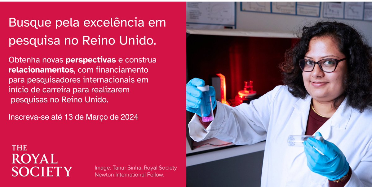 A Newton International Fellowship acaba de abrir inscrições para oportunidades de financiamento no Reino Unido para cientistas internacionais! As candidaturas estão abertas até 13 de março de 2024. Para + informações, acesse: royalsociety.org/grants-schemes…