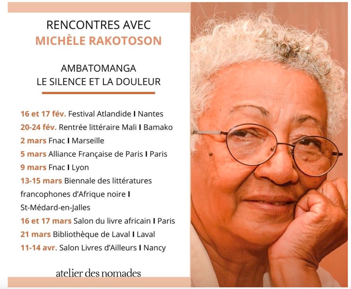 Idée de sortie !

📚Rencontrez Michèle Rakotoson, lauréate du Prix Orange du Livre en Afrique 2023

➡️ À Nantes dès ce vendredi <a href="/AtlantideNantes/">ATLANTIDE</a>, à Marseille, à <a href="/IFParis/">Institut français</a> puis au Salon du livre africain de Paris, à Laval, à Nancy au <a href="/LivresdAilleurs/">Livres d'Ailleurs</a>... 

lecteurs.com/article/michel…