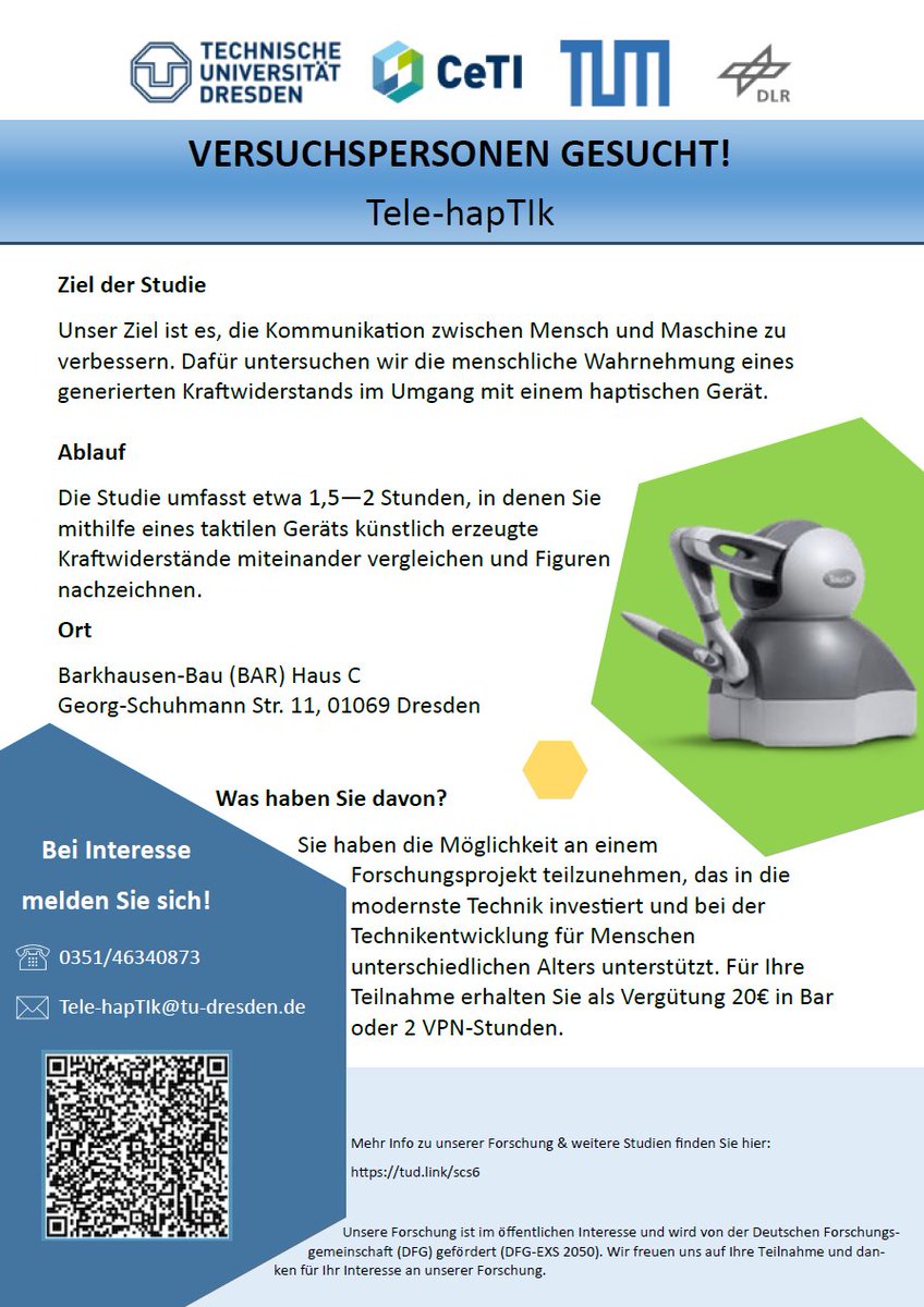Join the cutting-edge study 'KinestCodec', which aims to improve #communication between human and machine!🤖 If you want to contribute to the #future of communication, take a look at the attached flyer for details. 
<a href="/tudresden_de/">TU Dresden</a> <a href="/dfg_public/">DFG public | @dfg_public@wisskomm.social</a> #tactileinternet