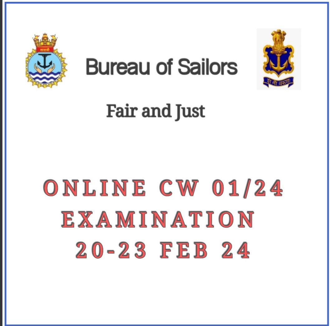 IndianNavy_CABS's tweet photo. #BureauUpdates
Online CW 01/24 examination for 547 candidates will be conducted by INOES from 20-23 Feb 24. Details uploaded on DNE portal over NUD. Bureau wishes all candidates the very best.
@IndianNavyMedia
@IN_WNC 
@IN_HQENC
@IN_HQSNC
@AN_Command https://t.co/daDdEQkuIy