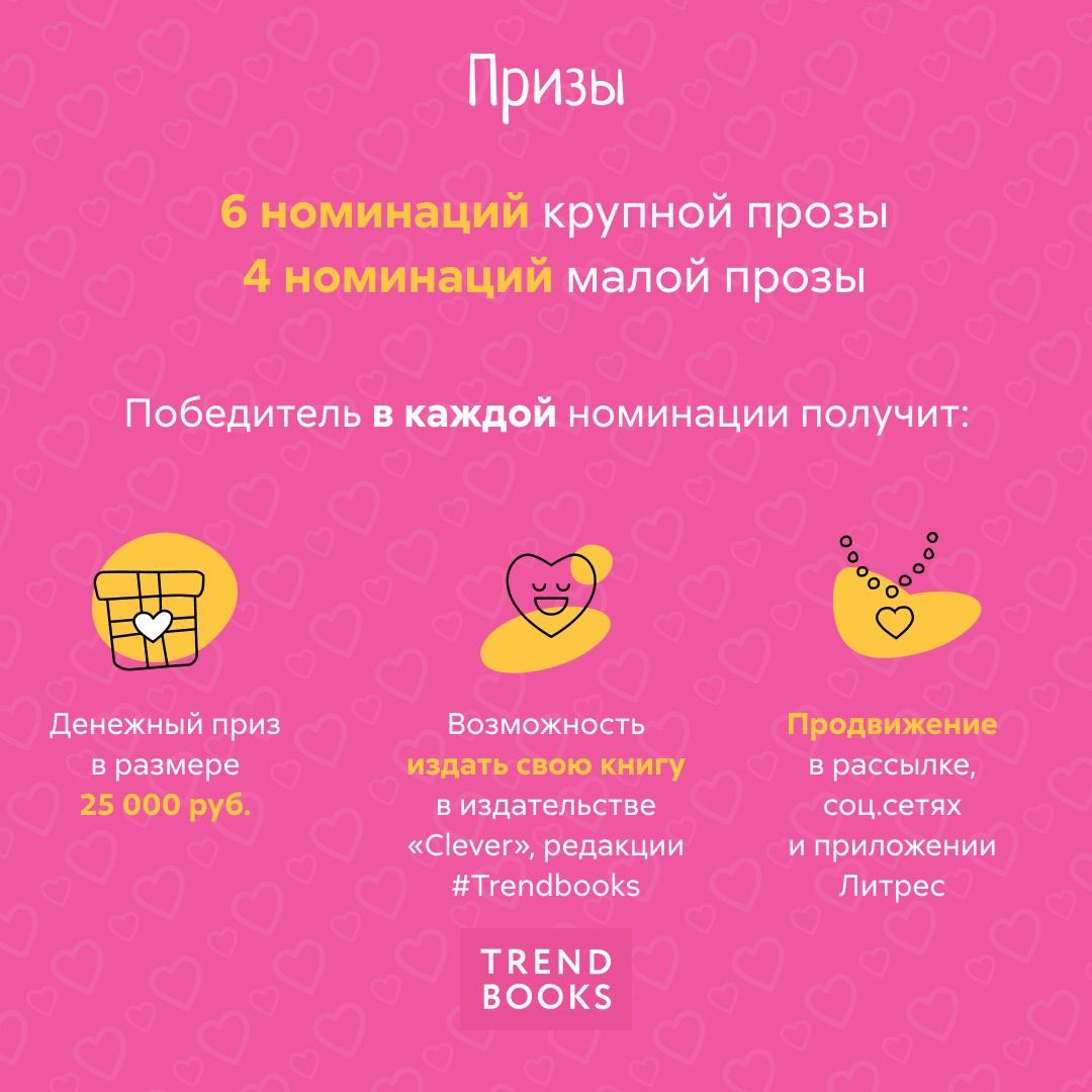 Начинаем сезон весеннего любовного обострения слегка заранее и врываемся в день всех влюбленных с новым конкурсом! 💘

Прием работ проводится по 20 мая!

Подробнее об условиях конкурса здесь landing.selfpub.ru/love-story-202…

ООО «Клевер-Медиа-Групп»
ИНН: 7717567452
erid: LjN8KTYJn