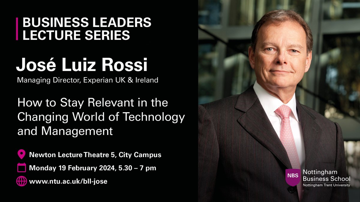 ntuworkingwithu's tweet photo. Get involved with this month's Business Leaders Lectures. 

Jose Luiz Rossi, Managing Director, Experian UK and Ireland, joins us on Monday 19 February, for his talk entitled: 'How to Stay Relevant in the Changing World of Technology and Management.'

1/2 https://t.co/65hZTsYAwb