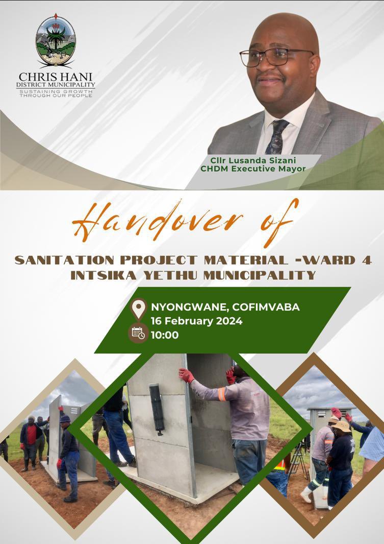 ChrisHaniDM's tweet photo. HANDOVER | Tomorrow at 10:00 CHDM will be handing over sanitation project material in Nyongwane, Cofimvaba.
#chdmatwork
#LeaveNoOneBehind https://t.co/847vu6Tkx8