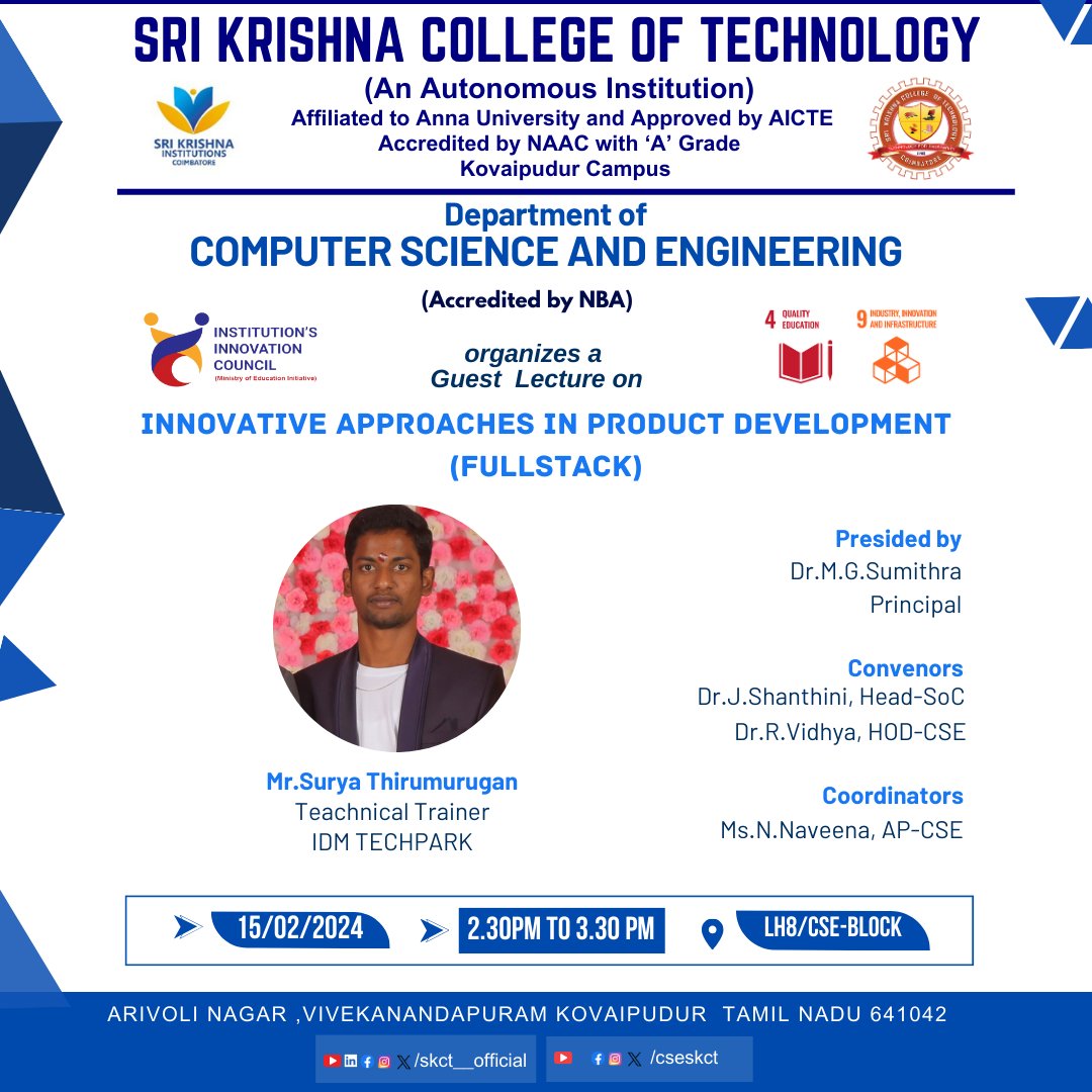 skct_cse's tweet photo. Department of CSE, Sri Krishna College of Technology has organized a guest lecture  on *Innovative Approaches in Product Development (Fullstack)* for II year CSE students from 2.30 pm to 4 pm
#skct #skctcse @mhrd_innovation @AICTE_INDIA @ugc_india https://t.co/JmGqNRkN5f