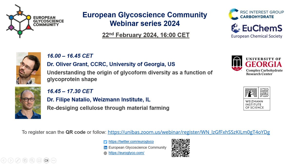 European Glycoscience Community (@euroglyco) on Twitter photo 📢The next EGC webinar is on Thurs 22/02 at 4 PM CET! Join speakers <a href="/Olivercgrant/">Oliver Grant</a> and <a href="/filipe_natalio/">Filipe Natalio</a>
for an exciting glycobiology session! #glycotime
Registration: tinyurl.com/2yt3p9hj
<a href="/Glyco_Alps/">Glyco@Alps</a> <a href="/ozglyco/">Australian Glycoscience Society</a> <a href="/glycoworld/">Alexei Demchenko, PhD (he/him)</a> <a href="/glyconet_nce/">GlycoNet</a>
<a href="/acs_carb/">ACS_CARB</a> <a href="/EuChemS/">EuChemS</a> 📢The next EGC webinar is on Thurs 22/02 at 4 PM CET! Join speakers <a href="/Olivercgrant/">Oliver Grant</a> and <a href="/filipe_natalio/">Filipe Natalio</a>
for an exciting glycobiology session! #glycotime
Registration: tinyurl.com/2yt3p9hj
<a href="/Glyco_Alps/">Glyco@Alps</a> <a href="/ozglyco/">Australian Glycoscience Society</a> <a href="/glycoworld/">Alexei Demchenko, PhD (he/him)</a> <a href="/glyconet_nce/">GlycoNet</a>
<a href="/acs_carb/">ACS_CARB</a> <a href="/EuChemS/">EuChemS</a>
