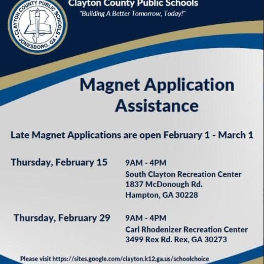 The application period is still open! If you need application assistance, we are at South Clayton Recreation Center from 9:00 am to 4:00 pm to help you with the process. #ApplicationAssistance #CCPS #ccpsmagnet