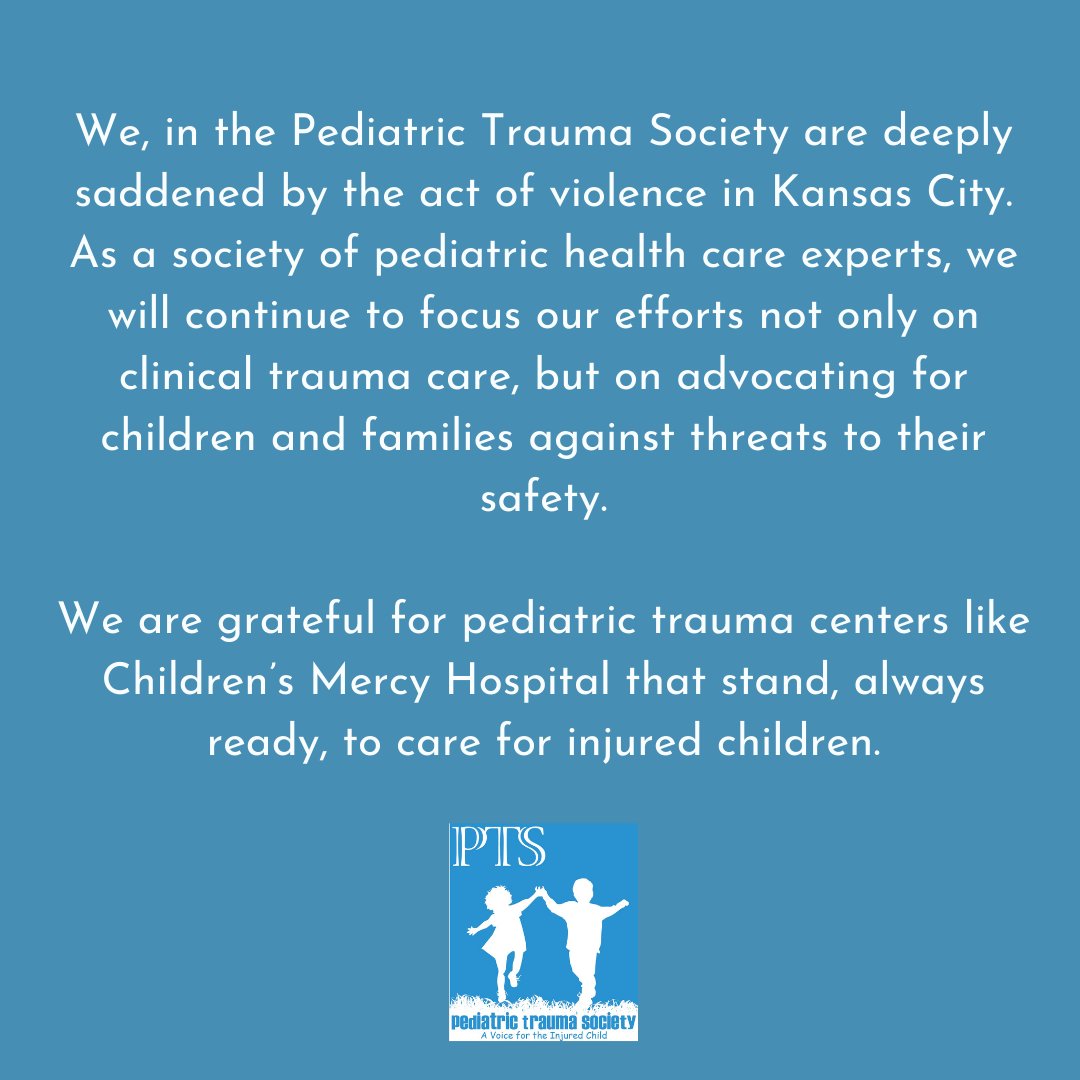 Pediatric Trauma Soc (@peditraumasoc) on Twitter photo We, in the Pediatric Trauma Society are deeply saddened by the act of violence in Kansas City.
We are grateful for pediatric trauma centers like Children’s Mercy Hospital <a href="/ChildrensMercy/">Children's Mercy</a> that stand, always ready, to care for injured children. We, in the Pediatric Trauma Society are deeply saddened by the act of violence in Kansas City.
We are grateful for pediatric trauma centers like Children’s Mercy Hospital <a href="/ChildrensMercy/">Children's Mercy</a> that stand, always ready, to care for injured children.