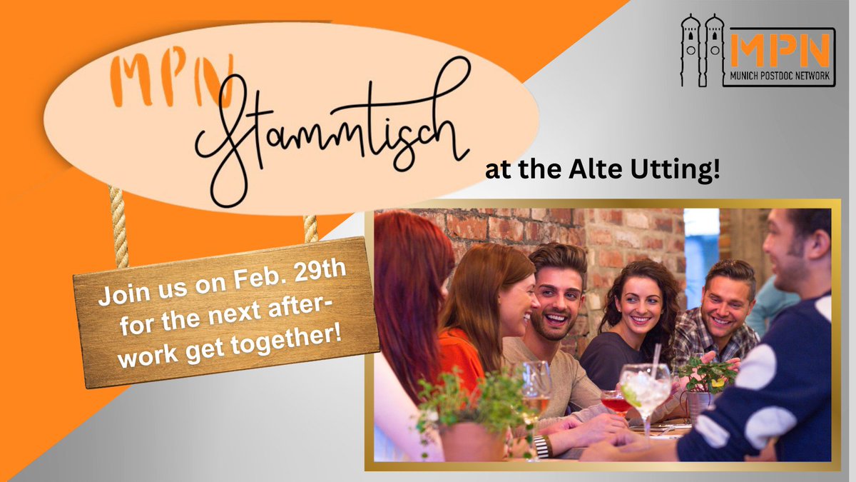 MunichPostdoc's tweet image. It's time for the next MPN Stammtisch! 😊
All postdocs in the Munich area are invited to join us for a casual afterwork get together!
📅February 29th 6.30 pm.
📍at the Alte Utting in Munich!
Register until Feb. 23rd via eveeno.com/mpn-stammtisch… to join us!