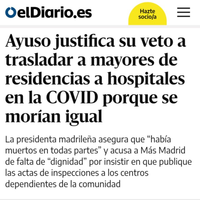 "Porque se morían igual", dice Ayuso.
Es de las declaraciones más deleznables que he escuchado de un político. 
Porque no se morían igual ahogándose y sufriendo que sedados. Porque otros, con seguro privado, sí sobrevivivieron o no sufrieron tanto en soledad, abandonados...