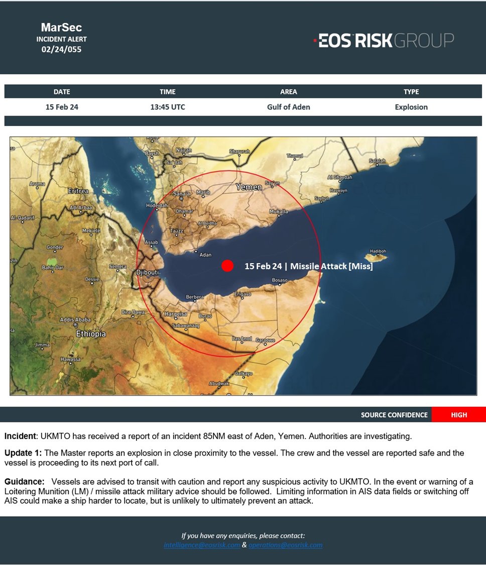 MARITIME SECURITY 🚨 ⚓️

Missile Attack [Miss] - 85nm east of #Aden, Yemen.

#security #middleeast #redsea #mena #middleeast #maritime #maritimesecurity #shipsandshipping #shippingindustry #maritimeindustry #iran #Israel #Hamas #Houthis #yemen