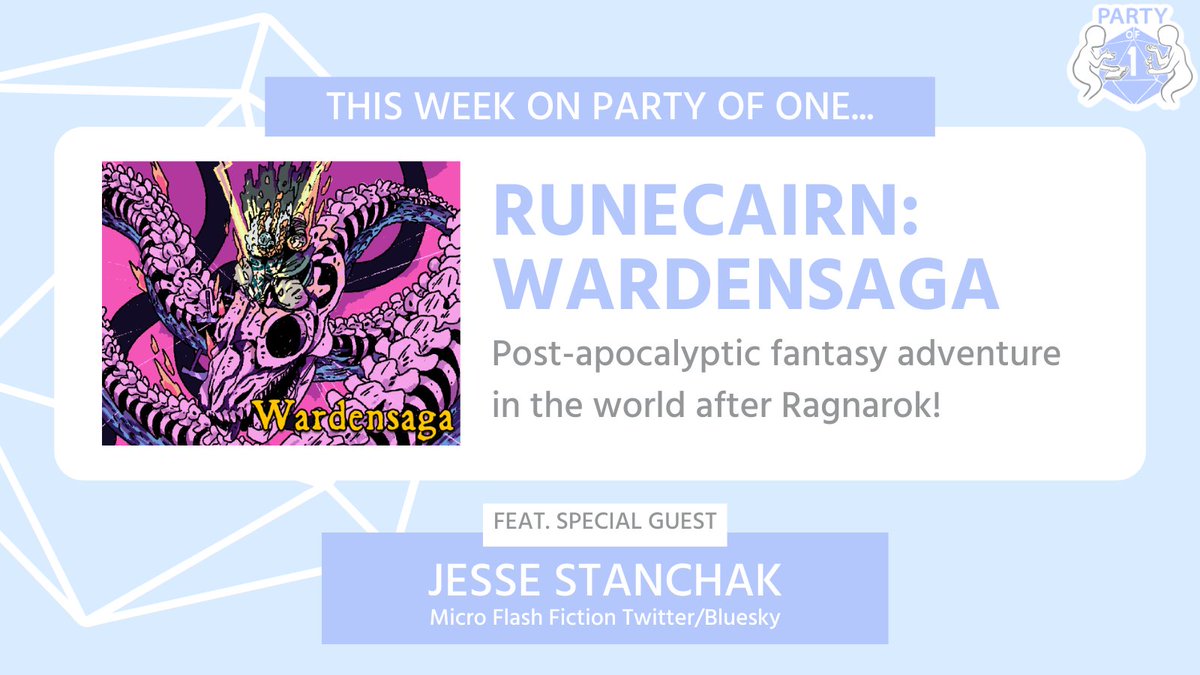 This week on Party of One, @jstanchak from @MicroFlashFic and I explore the world after Ragnarok in @ByOdinsBeardRPG's RUNECAIRN: WARDENSAGA! You'll dig this episode if you like: Dark Souls, Viking fantasy, weird ghosts, lovable scoundrels Get it where you get your podcasts!