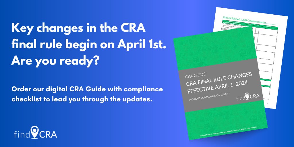 Have you made all of the mandatory changes to your CRA program to meet the April 1, 2024 deadline? Our new digital CRA Guide with compliance checklist will lead you through these important updates. Order your copy now at findcra.com/cra-guide-cra-… #cra #banking #compliance