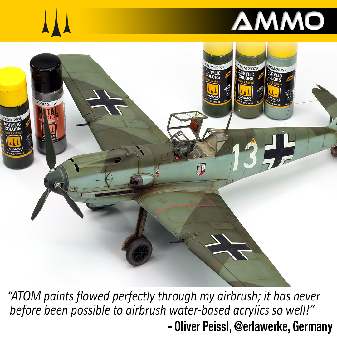 AMMOMIG's tweet photo. Oliver Peissl of "Erla's Werke" has completed a #Hobby2000 1/32 scale Bf 109E-4 with the new ATOM paints and concluded: "ATOM paints flowed perfectly through my airbrush; it has never before been possible to airbrush water-based acrylics so well!”
#ATOMbyAMMO https://t.co/WlxNPg8WeF
