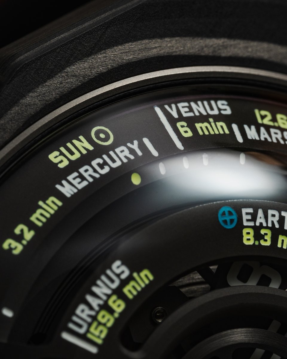 aBlogtoWatch's tweet photo. 🛸 @URWERK_Geneve puts an interstellar spin on the UR-100 series of #watches with the new UR-100V “Lightspeed.” This latest release displays the time it takes for light to reach each of our celestial neighbors across the wandering hours time display and features a new(and slightly enlarged) carbon fiber composite case.

URWERK is no stranger to including details for sci-fi buffs and horology fans alike with delights from the dial and rotor down to the strap and screw-down crown—an update debuted on this model. Celine Simon has more below
