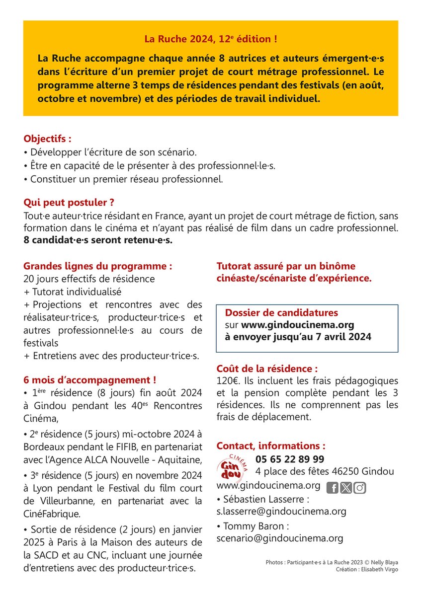 𝐋'𝐚𝐩𝐩𝐞𝐥 𝐚̀ 𝐜𝐚𝐧𝐝𝐢𝐝𝐚𝐭𝐮𝐫𝐞𝐬 𝐩𝐨𝐮𝐫 𝐩𝐚𝐫𝐭𝐢𝐜𝐢𝐩𝐞𝐫 𝐚̀ 𝐥𝐚 𝟏𝟐𝐞 𝐞́𝐝𝐢𝐭𝐢𝐨𝐧 𝐝𝐞 #LaRuchedeGindouCinema 𝐞𝐬𝐭 𝐨𝐮𝐯𝐞𝐫𝐭 !
lc.cx/ACY0Il

<a href="/LeCNC/">Le CNC</a> 
<a href="/ANCTerritoires/">Agence nationale de la cohésion des territoires</a> 
<a href="/Occitanie/">Région Occitanie</a> 
<a href="/SACDParis/">SACD officiel</a>

#ecriturescenario 
#residencesecriturescenario