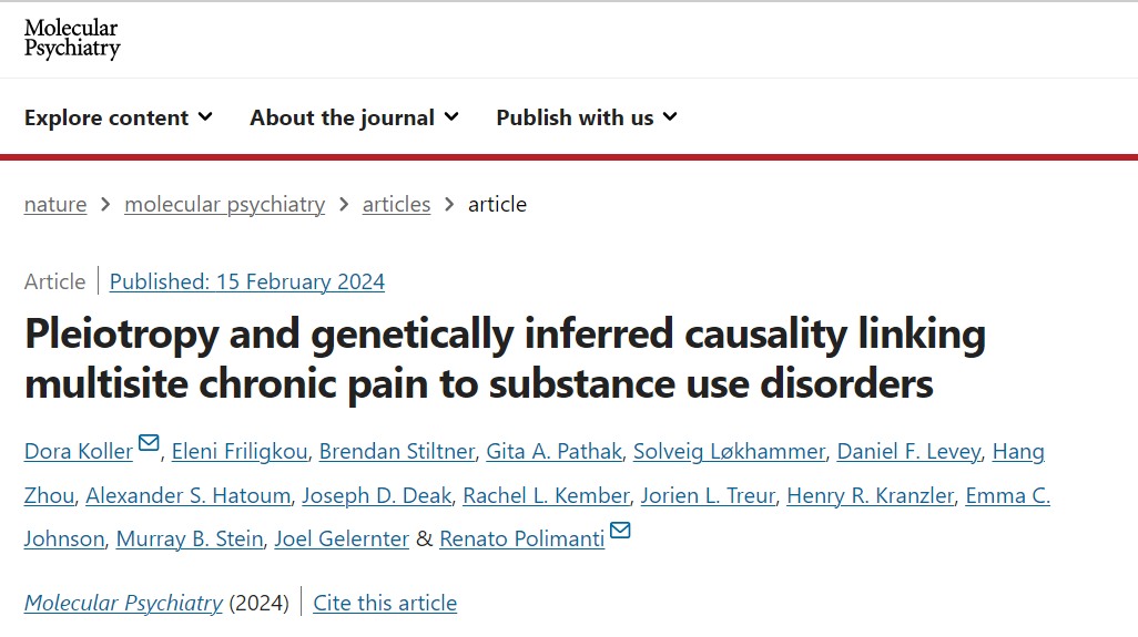 Some more new work led by @DoraKoller, here looking at genetically-informed mechanisms linking chronic pain with different forms of substance use disorders. Now online at @molpsychiatry.