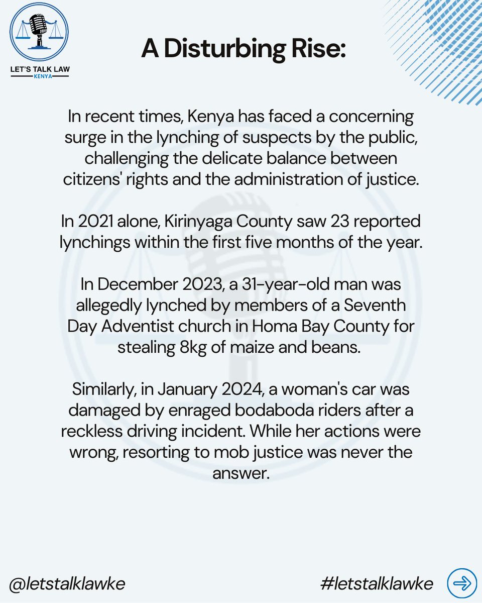letstalklawke's tweet photo. Is it mob justice or mob injustice?

In this Infographic, we give examples recent tragic examples of recent mob justice incidents.

We also highlight judicial precedents which establish that legal avenues for addressing grievances exist and resorting to violence is unacceptable. https://t.co/4vY6VoR7vl