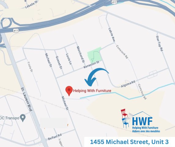 Have donations for HWF but not sure where or when to find us? You can drop off at our warehouse at 14￼55 Michael St., Unit 3 on Wednesdays from 6-9pm and Saturdays 10am-1pm. Our volunteer team looks forward to seeing you!