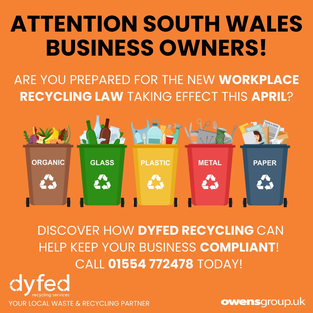 DyfedRecycling's tweet photo. 📢 Attention South Wales Business Owners! Workplace recycling is changing ♻️ From April, it will become law for all businesses, charities &amp; public sector organisations to sort their waste for recycling. Find out how we can help your business stay compliant:👇🏼
 
☎️ 01554 772478 https://t.co/aFeHMn1Kj1