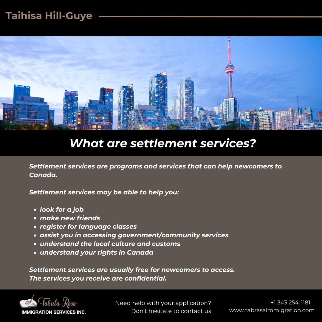 Iif you're a newcomer to Canada, don't hesitate to reach out and access these incredible settlement services. 

#SettlementServices #Newcomers #Canada #Support #Community #Inclusion #WelcomeHome #tabularasaimmigration