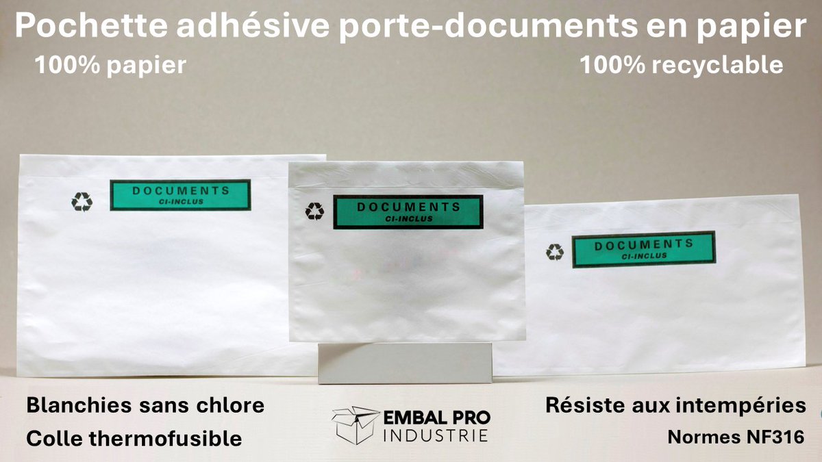 EmbalPro's tweet photo. Pochette adhésive porte-documents en papier!
Les papiers utilisés sont réalisés à partir de pâte à papier blanchie sans chlore et satisfont aux critères de développement durable.
https://t.co/9FDKdtPbv2
#embalproindustrie #pochetteportedocuments #pochettepapier https://t.co/8DNoavHq7J
