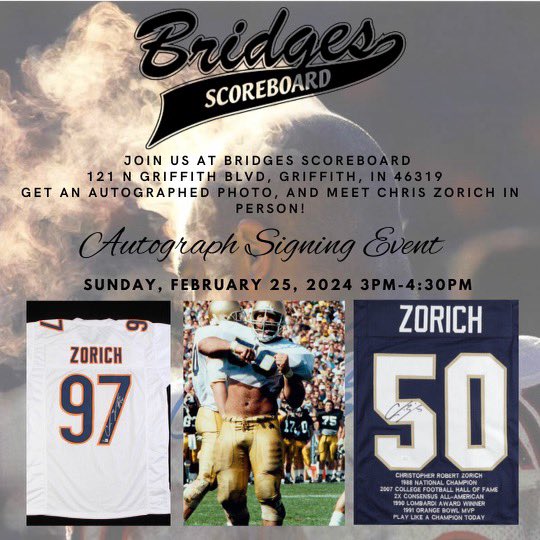 Hey @NDFootball & @ChicagoBears Fans I’ll be hanging out, taking pictures and signing autographs from 3pm - 4:30pm CST on Sunday (Feb 25) @Scoreboard121 in Griffith, IN Swing by if you can - would love to meet you‼️‼️ #GoIrish🍀 #NotreDame #DaBears🐻 #ChicagoBears