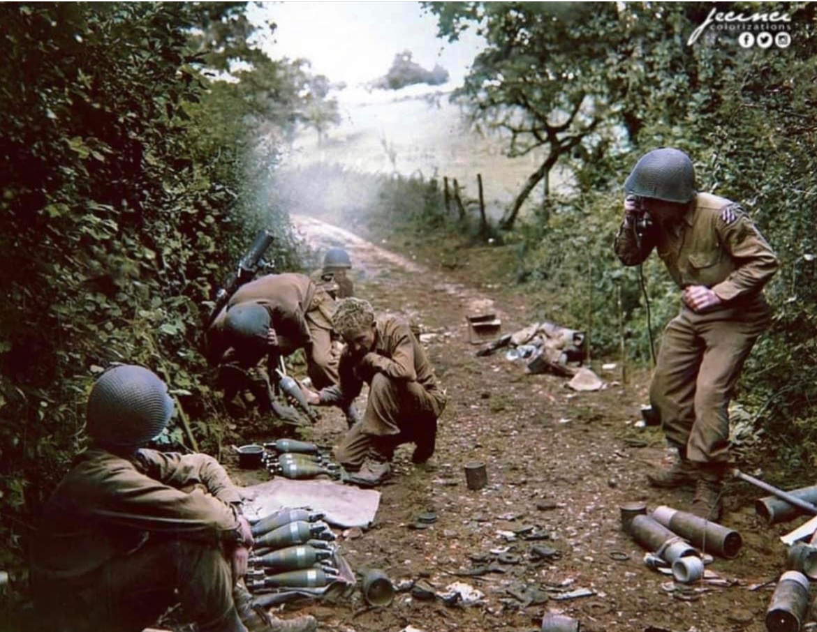 During Operation Dragoon, a mortar squad of the 3rd Infantry Division fires their 81mm mortar at the Germans from a narrow road near Rigney, France in September of 1944. 🪖