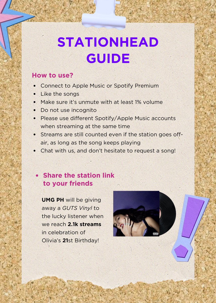 OliviaRodrigoPH's tweet photo. STATIONHEAD GUIDE!

besties, here's all you need to know before our online listening party on Saturday! 🍰

make sure to share it with your besties, and let's hit that 2.1k streams for a GUTS Vinyl giveaway from UMG PH!

the station link will be posted on d-day! see youuu 😉 https://t.co/ZYpBNU4k5N