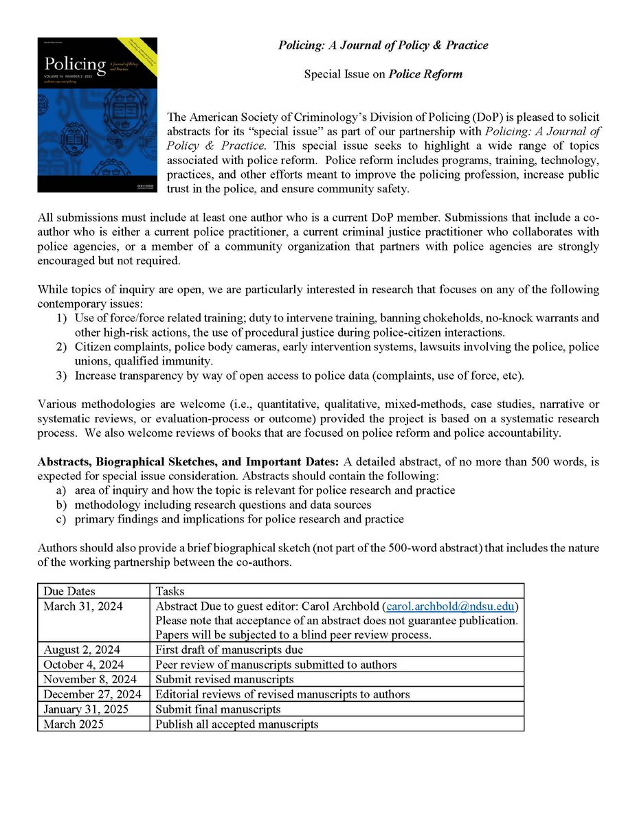 Division of Policing (@ascpolicing) on Twitter photo ๐ขSpecial Issue on Police Reform
๐๐๐ฌ๐ญ๐ซ๐๐๐ญ๐ฌ ๐๐๐ ๐/๐๐/๐๐
This is a DOP-sponsored issue in our partner journal, ๐๐ฐ๐ญ๐ช๐ค๐ช๐ฏ๐จ: ๐ ๐๐ฐ๐ถ๐ณ๐ฏ๐ข๐ญ ๐ฐ๐ง ๐๐ฐ๐ญ๐ช๐ค๐บ & ๐๐ณ๐ข๐ค๐ต๐ช๐ค๐ฆ. Contact <a href="/ArchboldCarol/">Dr. Carol A. Archbold</a> with questions. ๐ขSpecial Issue on Police Reform
๐๐๐ฌ๐ญ๐ซ๐๐๐ญ๐ฌ ๐๐๐ ๐/๐๐/๐๐
This is a DOP-sponsored issue in our partner journal, ๐๐ฐ๐ญ๐ช๐ค๐ช๐ฏ๐จ: ๐ ๐๐ฐ๐ถ๐ณ๐ฏ๐ข๐ญ ๐ฐ๐ง ๐๐ฐ๐ญ๐ช๐ค๐บ & ๐๐ณ๐ข๐ค๐ต๐ช๐ค๐ฆ. Contact <a href="/ArchboldCarol/">Dr. Carol A. Archbold</a> with questions.