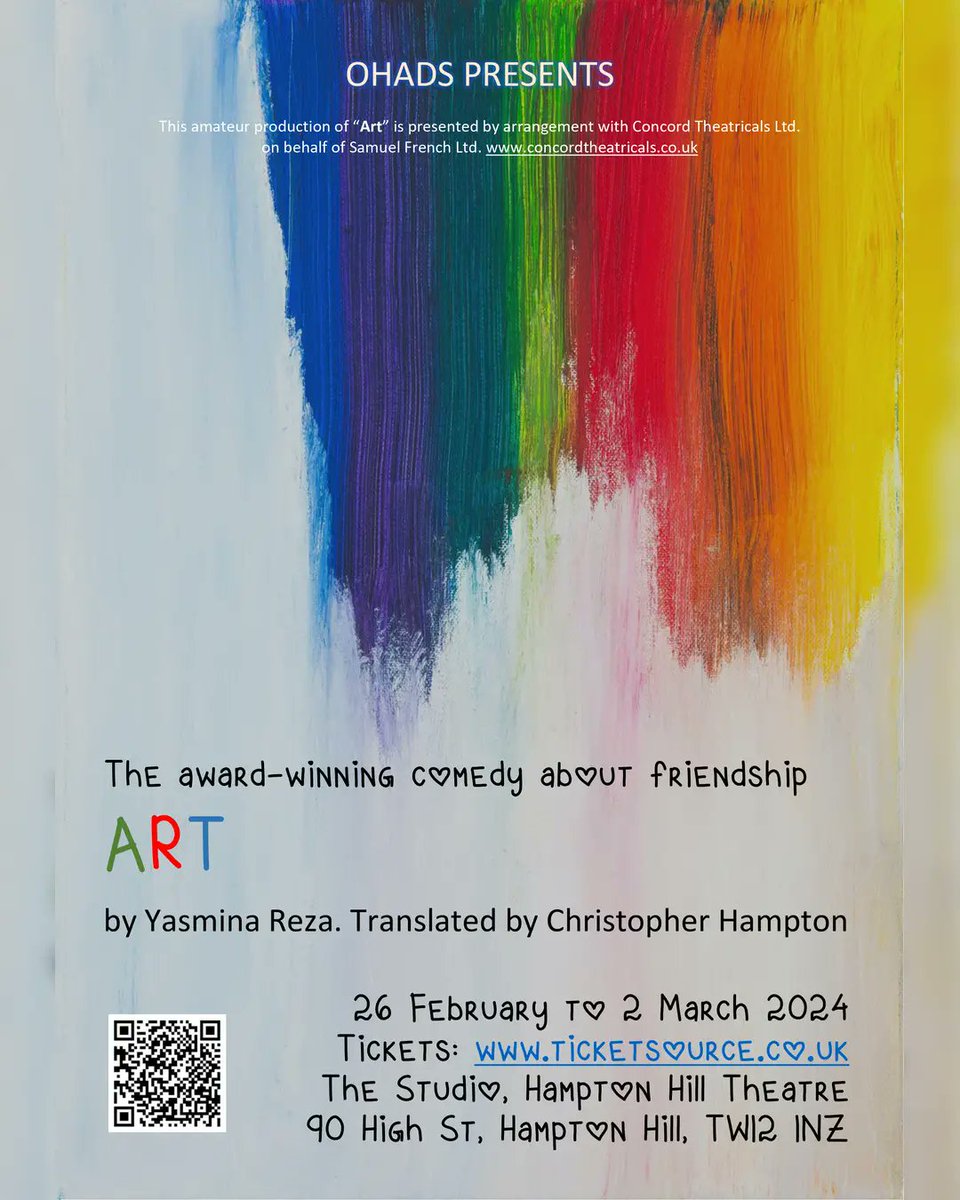 If you missed it when it was on at <a href="/RichmondTheatre/">Richmond Theatre</a> a few years ago, come and see ART by Yasmina Reza at <a href="/hhilltheatre/">Hampton Hill Theatre</a> from 26 February to 2 March - ticketsource.co.uk/ohads