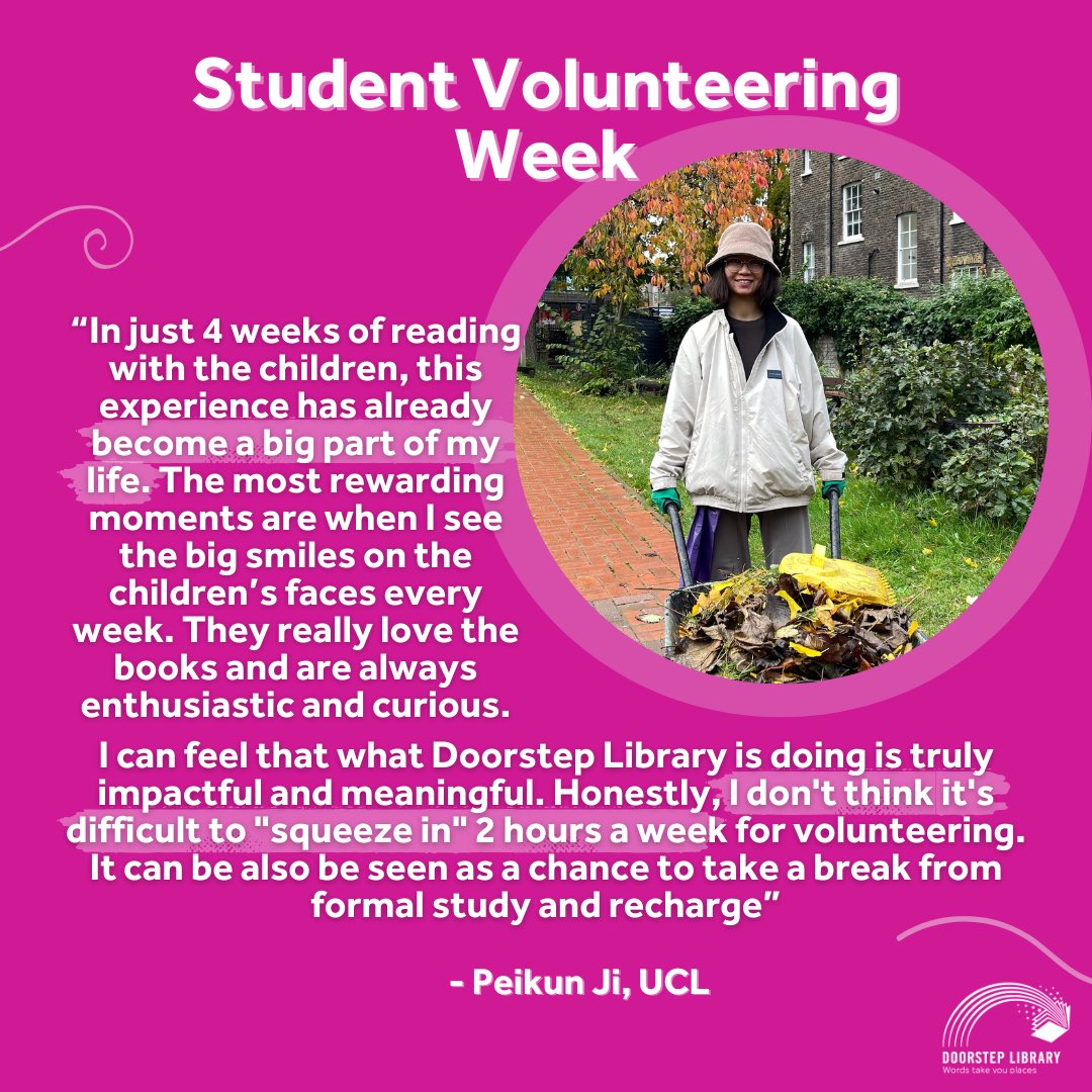 DoorstepLib's tweet photo. Weโre officially halfway through #StudentVolunteeringWeek, so we thought weโd hear from some of our very own student volunteers about their Doorstep Library experience ๐
Thanks to Ivona, Peikun, and Tasneem for your lovely quotes!
#StudentVolunteer #ReadingVolunteer https://t.co/JV7mtDsc9K