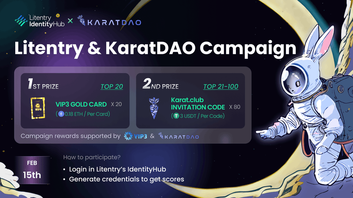 The Litentry & @KaratDAO campaign is LIVE! 🤩 🗓️ Feb 15th - Feb 22nd Log in to IdentityHub at idhub.litentry.io/profile/karatD…, generate your credentials, and earn scores for higher leaderboard rankings and amazing rewards! 💥 Giveaway Alert! 🎁 To celebrate our partnership, we're…