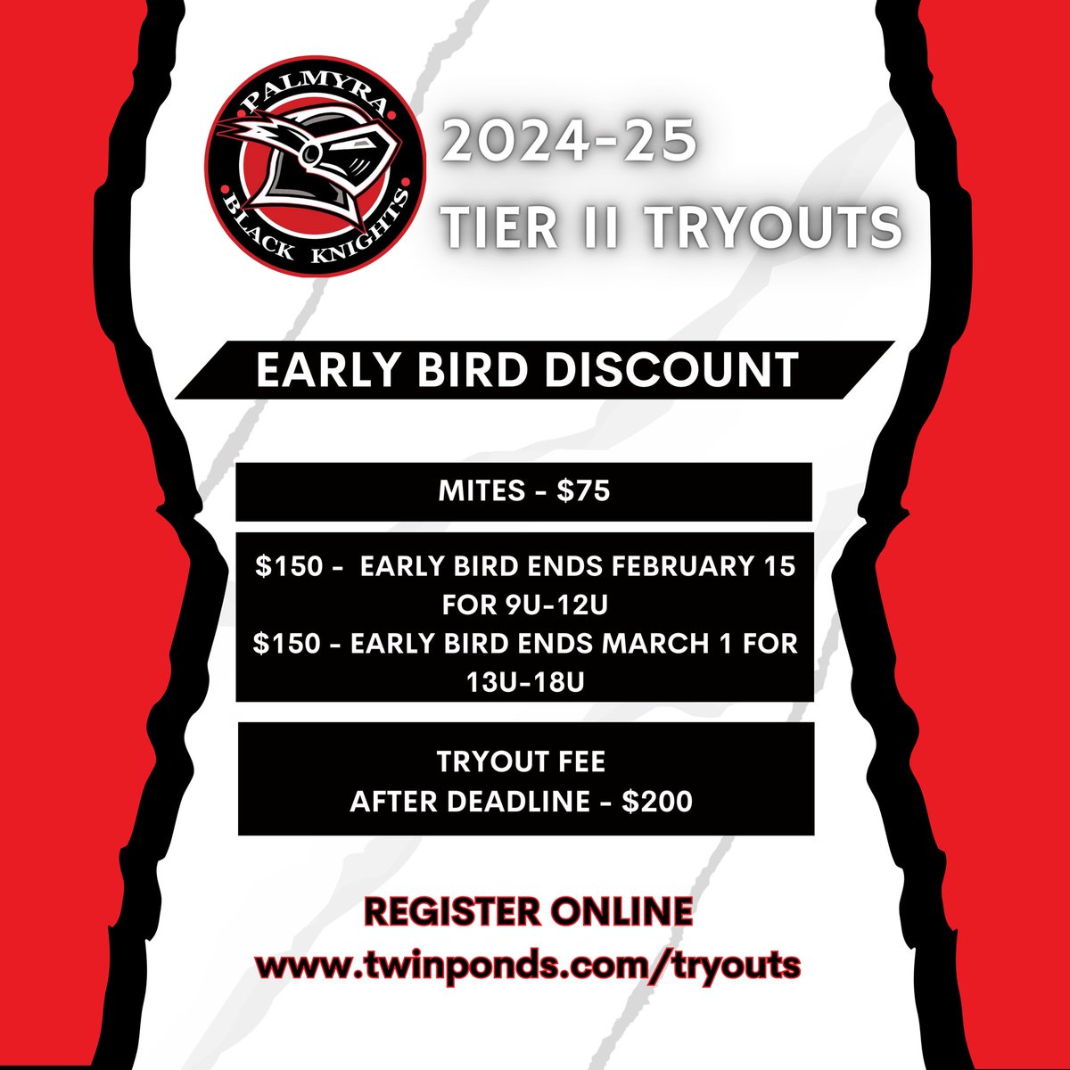 🏒Registration for Palmyra Black Knights Tier 2 2024-2025 Tryouts are OPEN!! Early bird pricing ending soon! Learn more and register now on our website! #TwinPondsIceArena #HarrisburgPa #pbk #palmyrablackknights #hockeyplayer #hockeytryouts

twinponds.com/tryouts