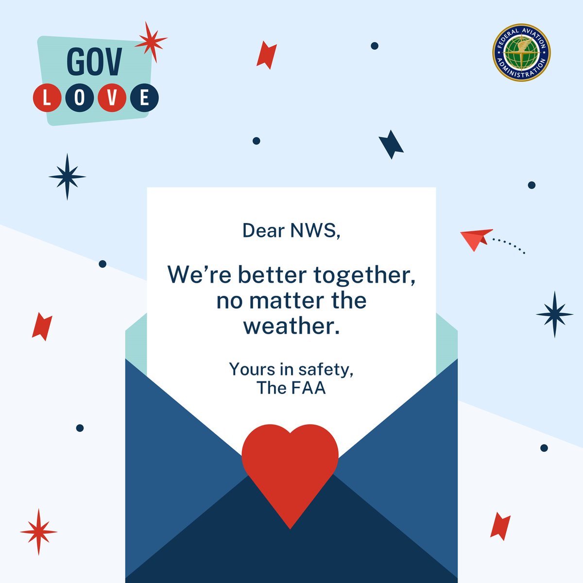 Dear @NWS, our #FAAWeatherSquad loves working with you to make sure travelers get to their destinations safely “weather” or not it’s raining, snowing or the skies are clear. #GovLove