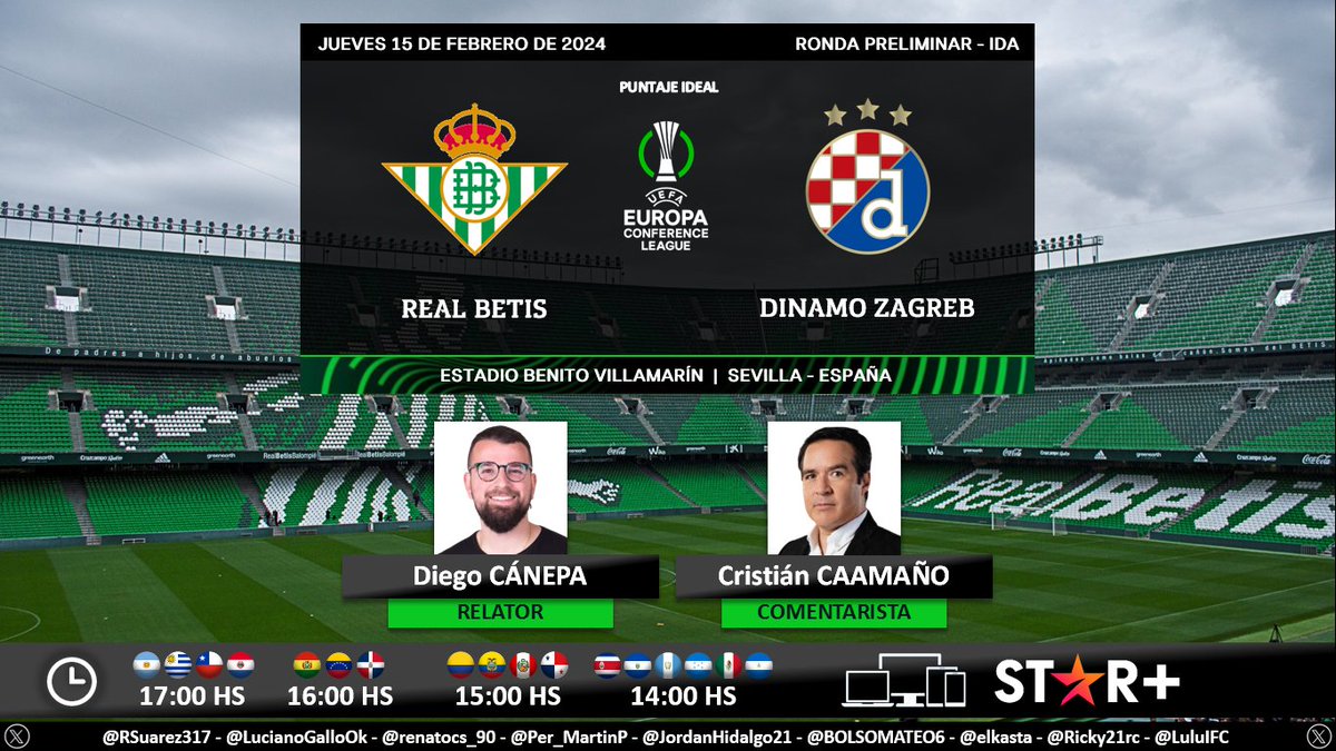 ⚽ #UECL | 🇪🇸 #RealBetis vs. #DinamoZagreb 🇭🇷 🎙 Relator: @diecanepaok 🎙 Comentarista: @cristiancaamano 💻📱@StarPlusLA Latinoamérica 🤳 #FUTBOLxESPN - #ESPNenStarPlus Dale RT 🔃