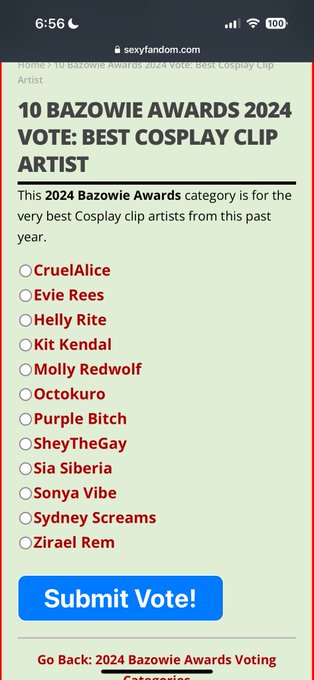 Wow, what a way to wake up! I got nominated for Best Cosplay Clip Artist at the Bazowie Awards @sexyfandom<a href="/tag/mvsales"class="tags"><span>#mvsales</span></a>