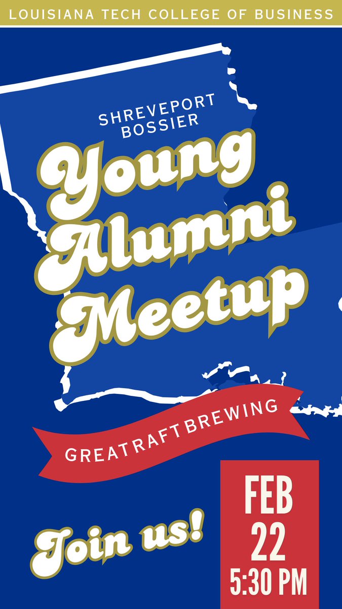 We have two young alumni meetups scheduled for this month! These informal gatherings are a great way to network and catch up with fellow College of Business alumni living in your area.

Interested in attending? Email marysusan@latechalumni.org.