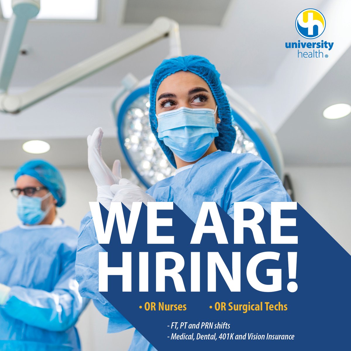 Healthcare with heart! Now hiring! 💛💙 @UHKCMO currently has openings for experienced OR Nurses and Surgical Techs. Flexible shifts and full benefits. Join Kansas City’s essential hospital, where we put people above profit. Apply today! 👉bit.ly/hotjobs2024
