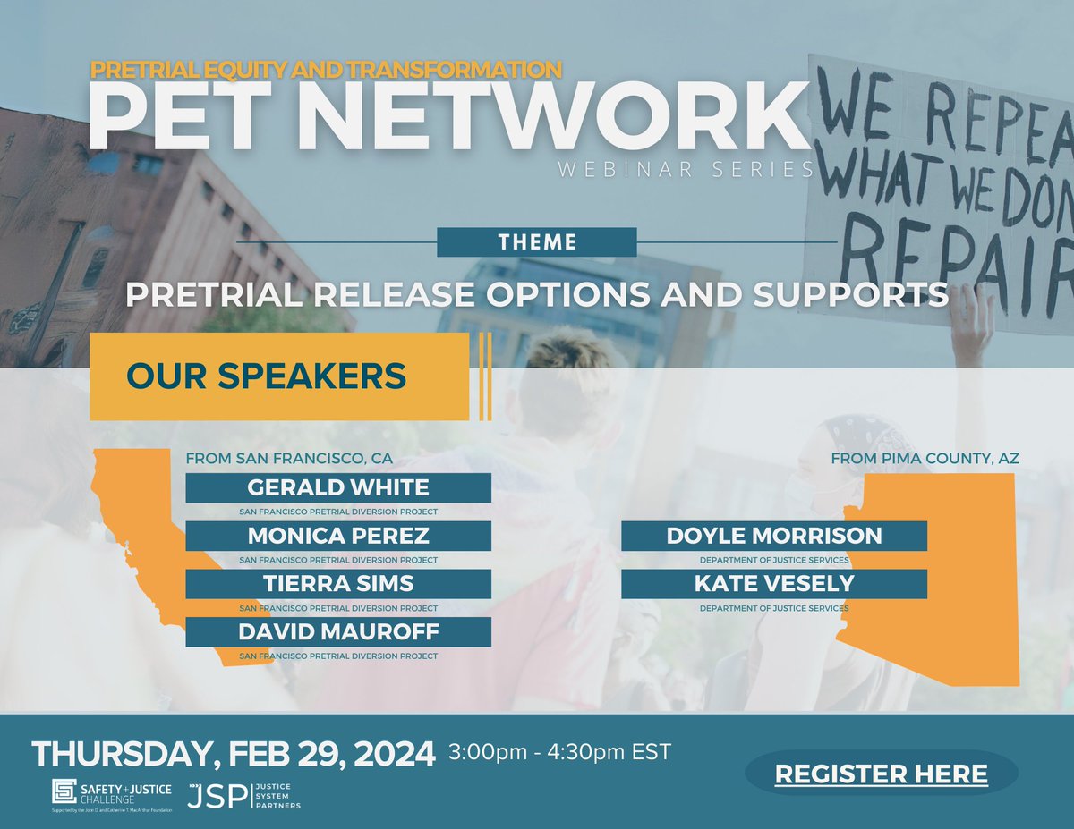 Join @safety_justice's Pretrial Equity and Transformation (PET) Network in two weeks to learn about innovative approaches to helping people get to court. Register here ➡️petnetwork.rsvpify.com