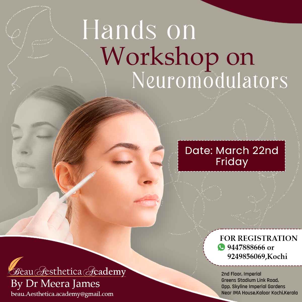 Hands-on workshop on neuromodulators on 22nd March 2024 Theoretical and practical aspects of understanding neuromodulation techniques & their applications. Call us for more details: 9447 888 666 / 9249856069 #handsonworkshops #neuromodulator #DermatologyTraining