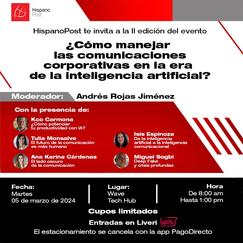 hispanopost's tweet photo. #HispanoPost presenta la segunda edición de la tertulia “¿Cómo manejar las comunicaciones corporativas en la era de la inteligencia artificial?”, en la que intervendrán reconocidos expertos en el área.
Los cupos son limitados, así que compra tus entradas ya en #Liveri. https://t.co/nC4JoMqspm
